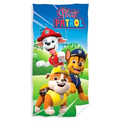 Toalha infantil Play Patrol com personagens animados de cães coloridos