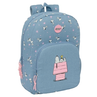 Mochila azul claro com padrão Snoopy e corações rosa, bolso frontal com Snoopy e Woodstock, fechos rosa, etiqueta SNOOPY