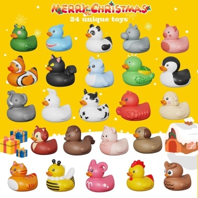 24 patos de borracha coloridos e variados num fundo amarelo com texto de Natal