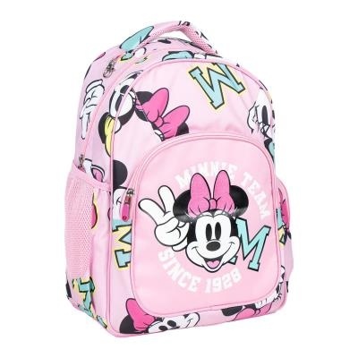 Mochila infantil rosa com padrão da Minnie Mouse e bolso frontal com texto MINNIE TEAM SINCE 1928