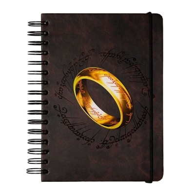 Caderno espiral com capa castanha e anel dourado desenhado