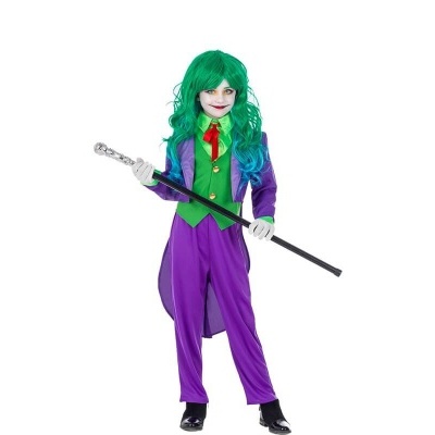 Fantasia infantil masculina do personagem com casaco roxo, colete verde, peruca verde e azul e bengala preta