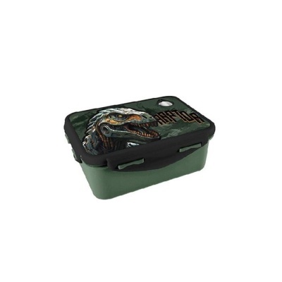 Caixa armazenamento verde com tampa preta e estampa de dinossauro