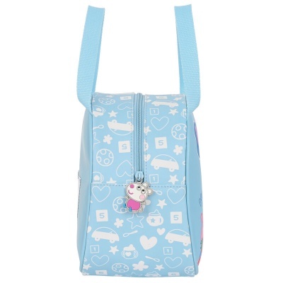 Mochila pequena azul claro com padrão branco e puxador rosa de personagem