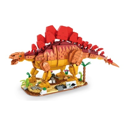 Figura de dinossauro Stegosaurus feita com blocos de construção coloridos