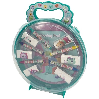 Conjunto de arte infantil com estojo redondo e materiais decorados com animais