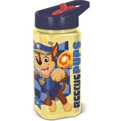 Garrafa infantil amarela com tampa azul e personagem Chase da Paw Patrol
