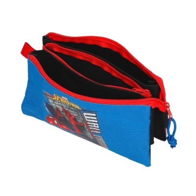 Estojos azul e vermelho com Homem-Aranha e texto Marvel Spiderman