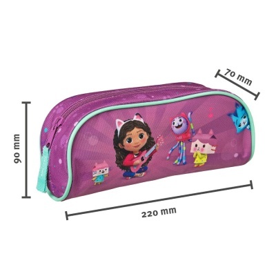Estojo escolar roxo com personagens animados coloridos e acabamento verde água