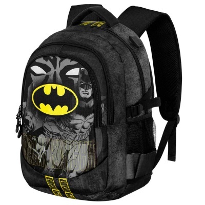 Mochila preta com design do Batman e logotipo amarelo na frente