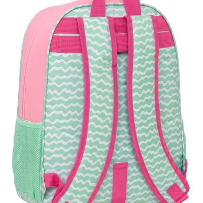 Mochila verde e rosa com padrão de ondas e bolsos laterais de rede