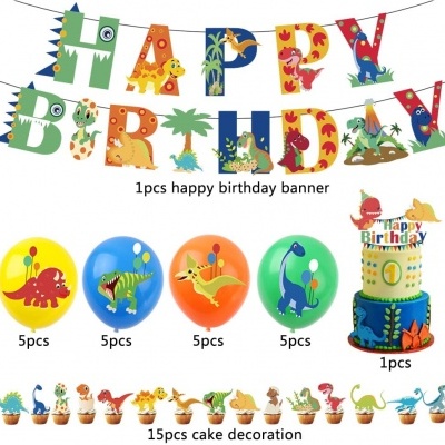 Conjunto de decoração de aniversário com tema de dinossauros incluindo banner, balões e decoração para bolo.