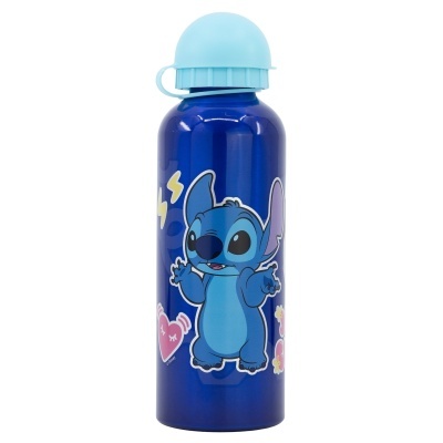 Garrafa metálica azul com personagem animado Stitch e tampa azul clara