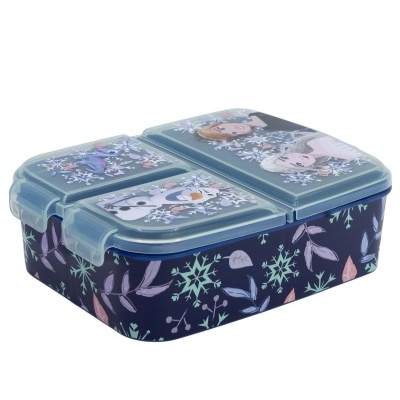Caixa de almoço de plástico com personagens Anna, Elsa, Olaf e Stitch com padrão floral.