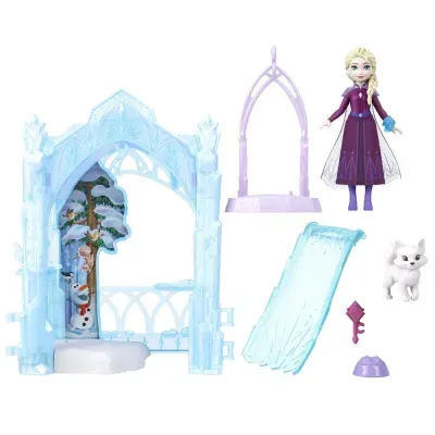 Conjunto de brinquedo com estrutura azul de gelo, personagem feminina de vestido roxo, escorrega, arco, cachorro, escova e tigela.