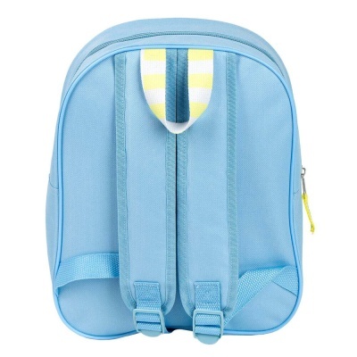 Mochila azul claro vista de trás com alças acolchoadas e riscas amarelas e brancas