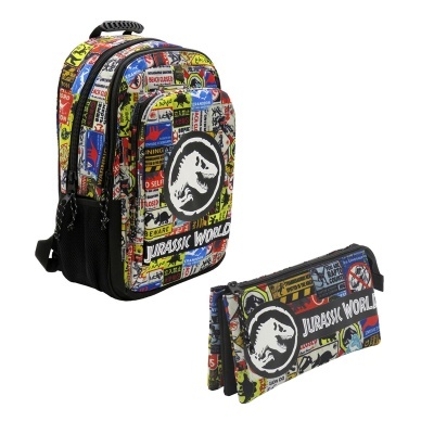Mochila e estojo coloridos com tema Jurassic World, vários autocolantes e logótipo de dinossauro