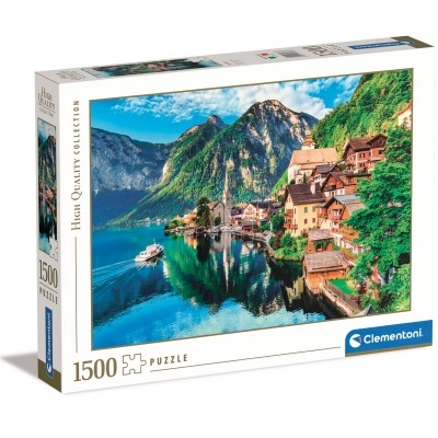 Caixa de puzzle Clementoni 1500 peças com imagem de vila junto ao lago e montanhas