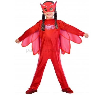 Fantasia vermelha de coruja para criança com asas cor-de-rosa e máscara.