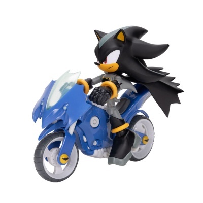 Figura de ação de Sonic montado numa mota azul com detalhes amarelos