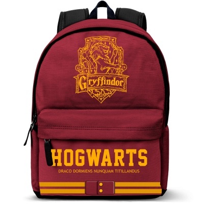 Mochila vermelha com escudo Gryffindor e texto Hogwarts