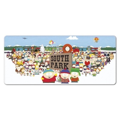 Personagens South Park com letreiro SOUTH PARK e cenário de montanhas ao fundo