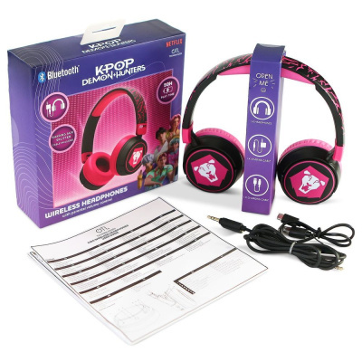 Auriculares sem fios KPOP DEMON HUNTERS preto e rosa com acessórios