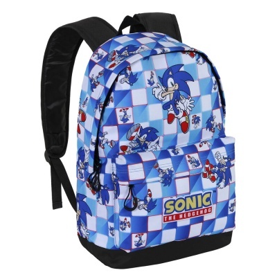 Mochila azul e branca com imagens do Sonic e texto SONIC THE HEDGEHOG na frente