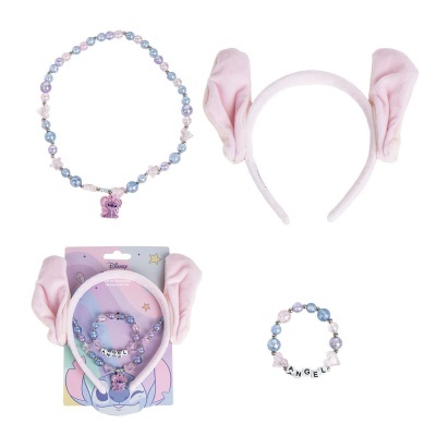 Conjunto infantil Disney com colar, pulseira com nome e tiara com orelhas cor-de-rosa