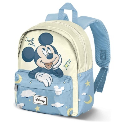 Mochila infantil azul e bege com desenho do Mickey Mouse e texto Just cute