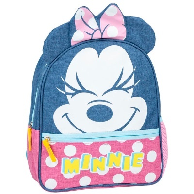 Mochila infantil da Minnie Mouse em azul e rosa com bolsa frontal a bolinhas e texto MINNIE
