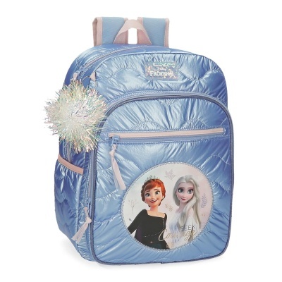 Mochila infantil azul metálica com personagens de Frozen e pompom prateado