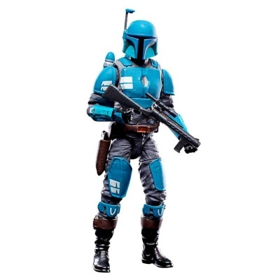 Figura de ação de soldado com armadura azul e capacete, segurando arma preta.