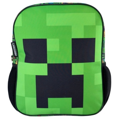 Mochila verde com rosto de Creeper de Minecraft em padrão pixelado