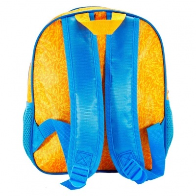 Mochila pequena azul e amarelo vista de trás