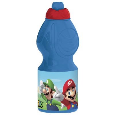 Garrafa desportiva azul com tampa vermelha e azul e imagem de Luigi e Mario