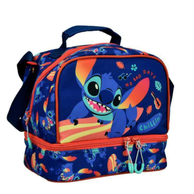 Mochila térmica azul com estampa do Stitch e texto 'NO BAD DAY' e 'Chillin'