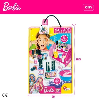 Kit de Nail Art Barbie com esmaltes e acessórios em embalagem rosa e amarela
