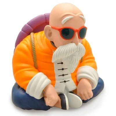 Figura de brinquedo de homem calvo com barba longa, óculos de sol e roupa colorida sentado