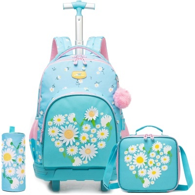 Conjunto escolar azul com estampado de margaridas e pompom rosa