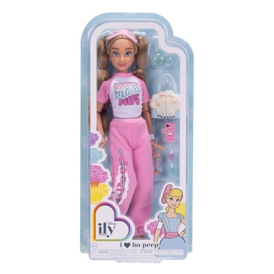 Boneca Disney ILY 4EVER Bo Peep com roupa rosa e branca e acessórios em embalagem azul clara