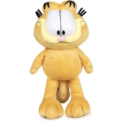 Peluche amarelo do personagem Garfield com olhos grandes e nariz rosa
