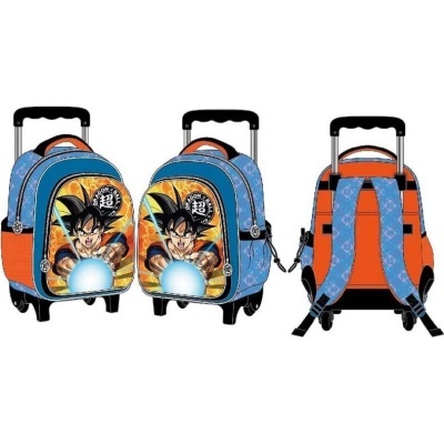 Mochila de rodas azul e laranja com personagem de anime e esfera de energia