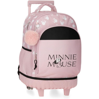 Mochila de rodinhas rosa com padrão de Mickey Mouse e texto Minnie Mouse