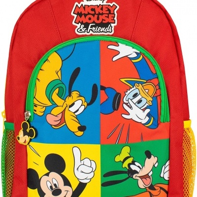 Mochila vermelha com personagens Disney coloridos no bolso frontal