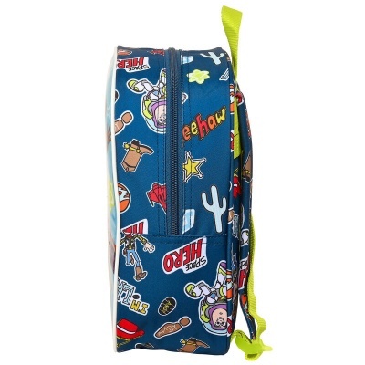 Mochila infantil azul com desenhos coloridos e texto 'SPACE HERO'