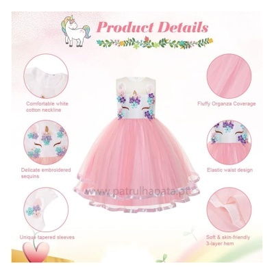 Vestido infantil rosa com detalhes bordados e saia rodada