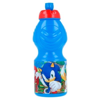 Garrafa de plástico azul e vermelha com tampa e ilustração do Sonic