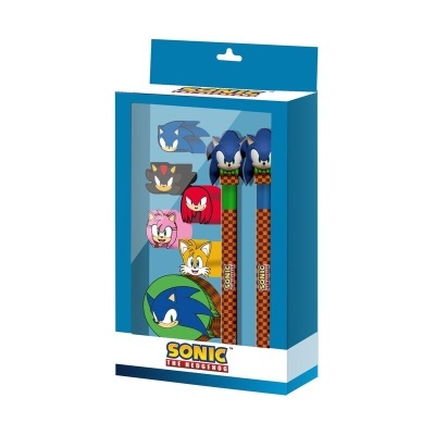 Conjunto de lápis e borrachas Sonic the Hedgehog numa caixa azul