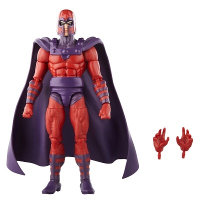 Figura de ação de super-herói vermelho e roxo com capa e mãos sobresselentes